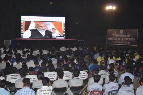 Hon’ble PM Sh. Narendra Modi addresses students through live VC at Techno NJR campus