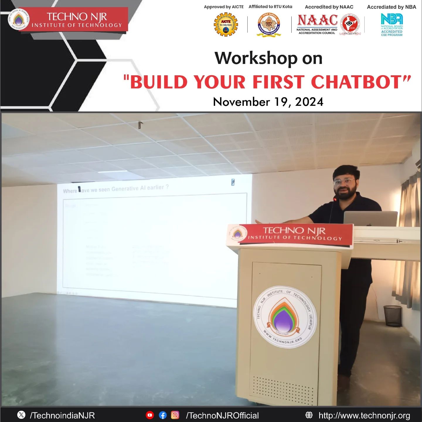 Techno NJR hosted an exclusive workshop: "Build Your First Chatbot" designed to ignite your AI potential!